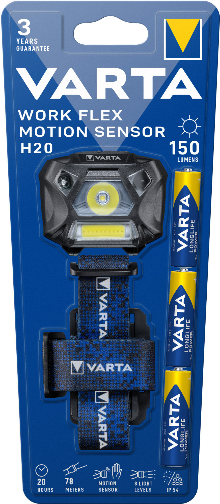 Lanterna LED Varta Work Flex MotionSensor H20, 1 LED XG2 4.8W, 1 LED COB 3W, 150 lm, 3xAAA, IP54