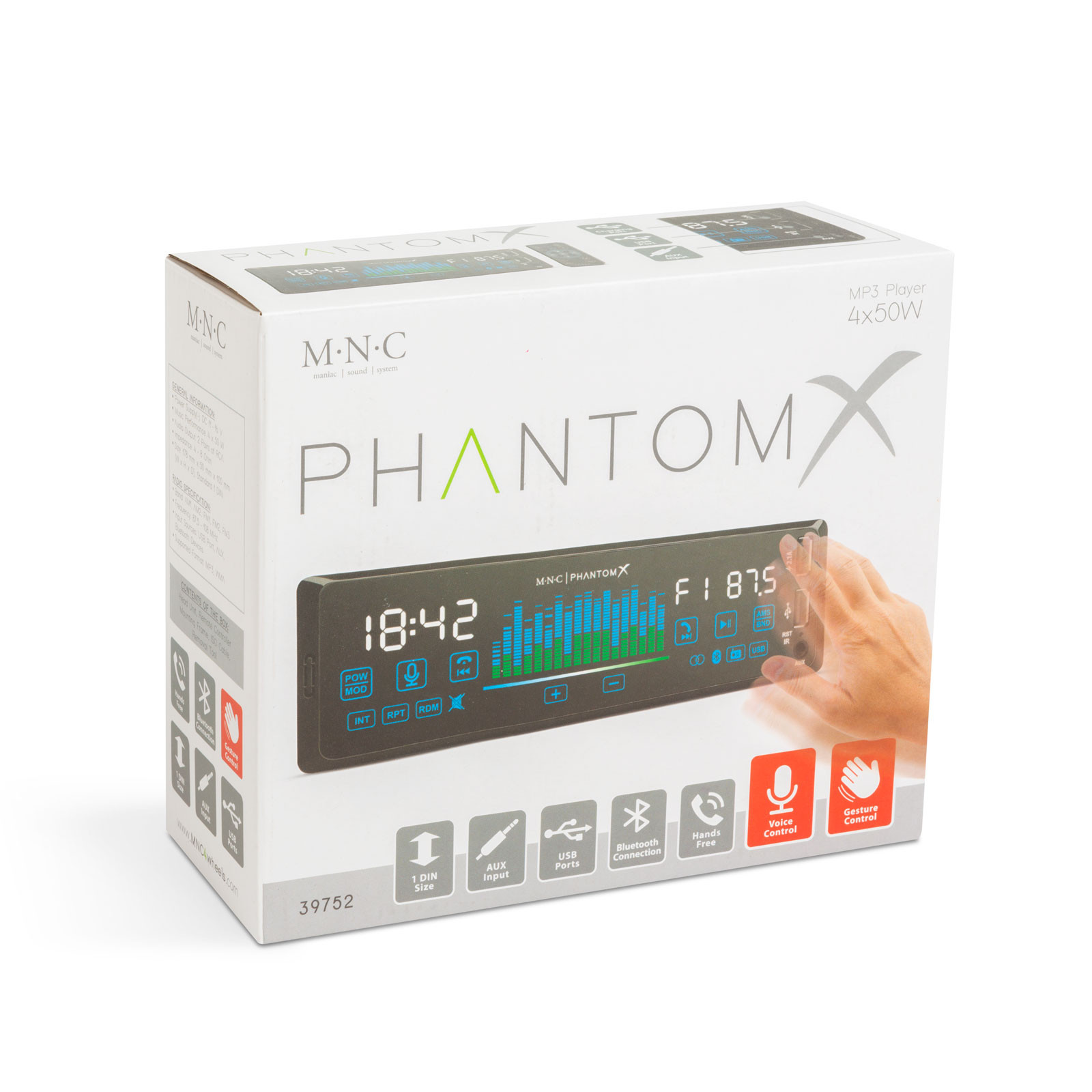 Player auto „PhantomX” - 1 DIN - 4 x 50 W - versiune gestuala - BT - MP3 - AUX - USB